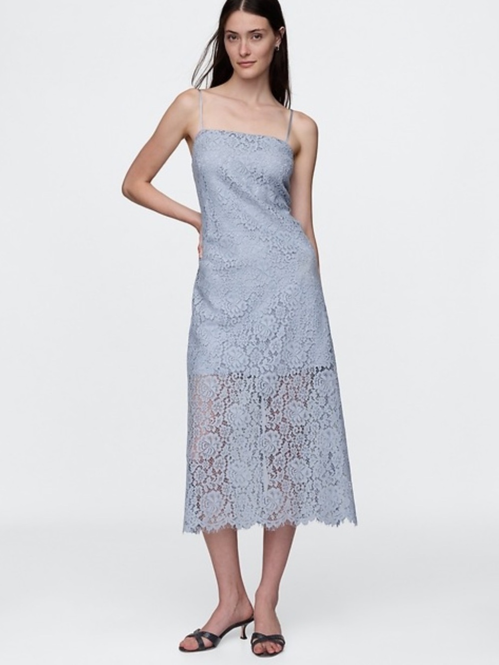 Gap dusty blue lace midi spaghetti‎ strap midi dress wedding guest occasion Med